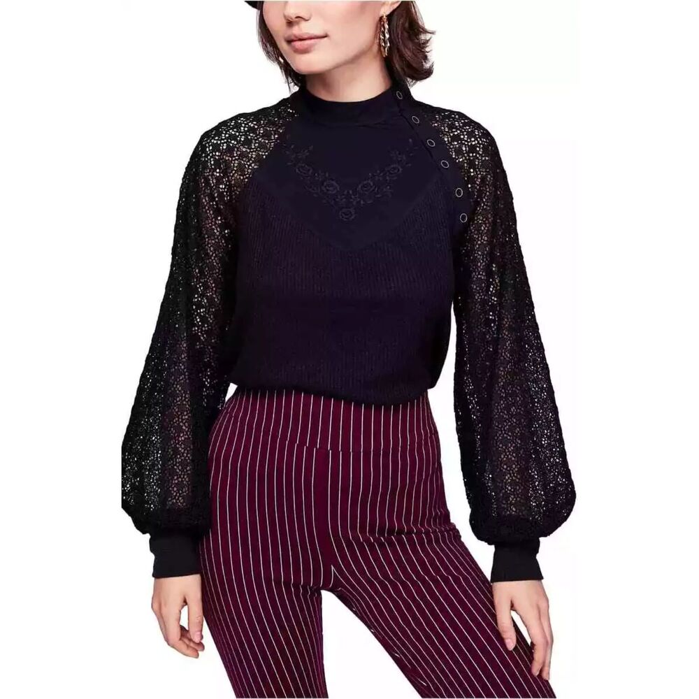 Free People Womens Sweetest Thing Thermal Crochet Blouse Floral Embroidered S